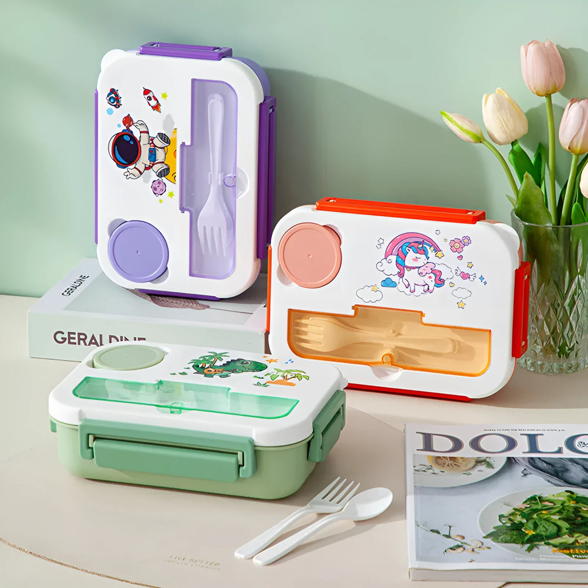 1300ml rectangular plastic cartoon bento box with sealed lid and microwaveable heating, available in three designs