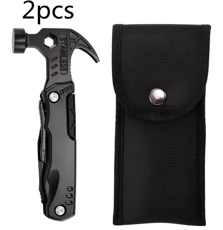 Black stainless steel folding hammer showing 168mm length with aluminium alloy handle in unfolded position