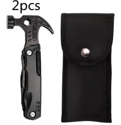 Black stainless steel folding hammer showing 168mm length with aluminium alloy handle in unfolded position