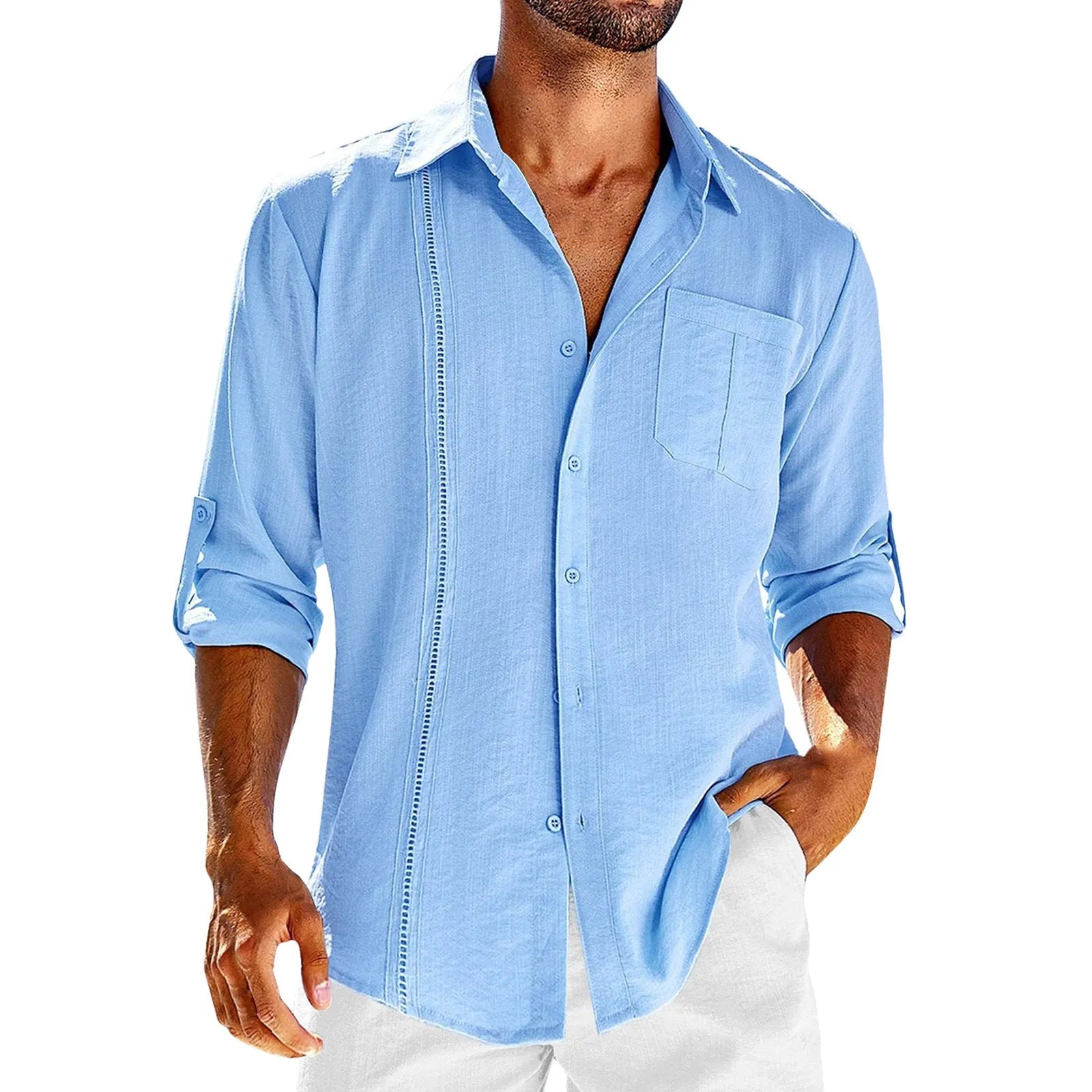Men's casual long sleeve cotton blend shirt with polo collar, chest pocket, and lace trim detail in solid colours