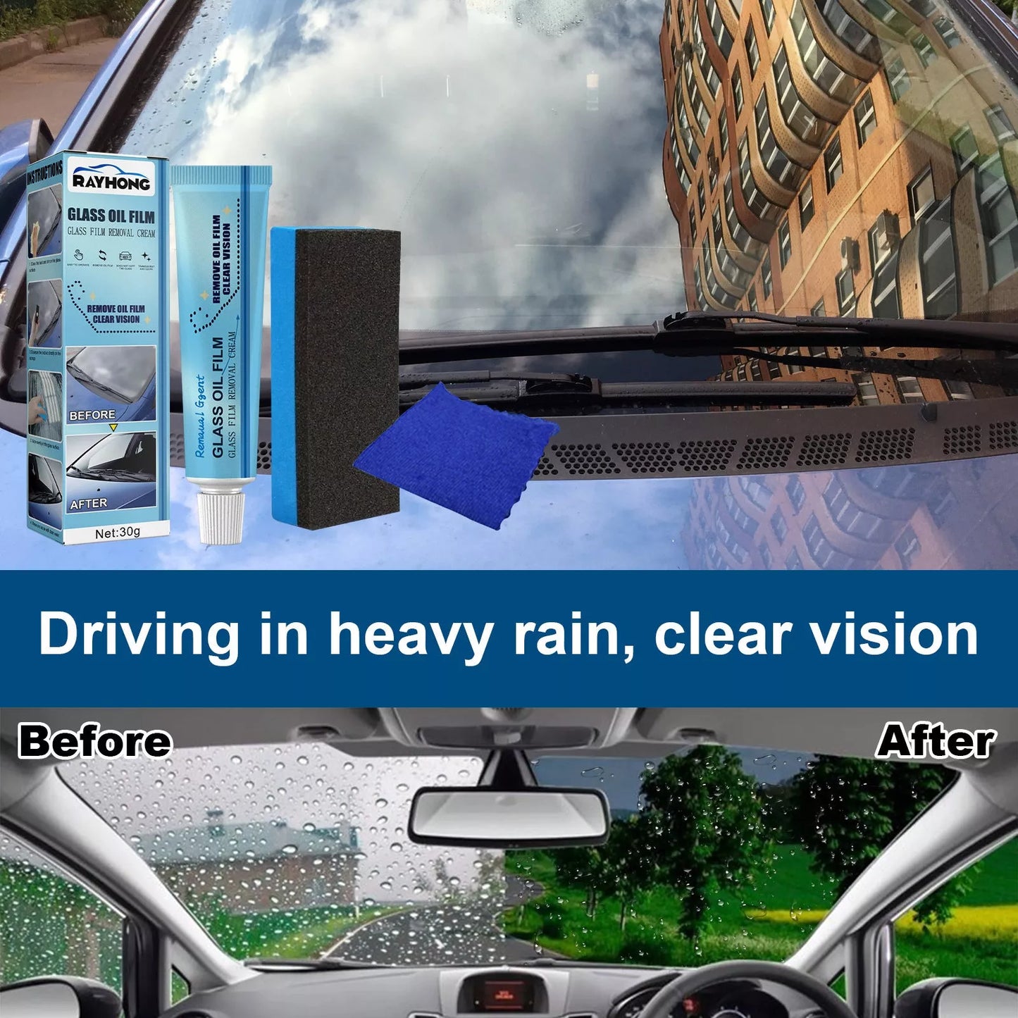 30g Car Windshield Glass Decontamination Rainproof Oil Film Remover with Sponge Cloth