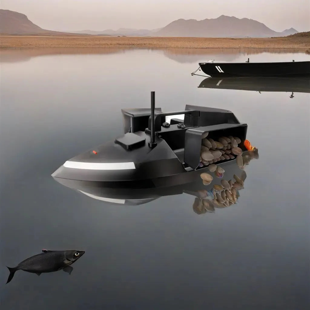 GPS remote control fishing boat with LED lights, measuring 49cm long, for bait placement and night fishing