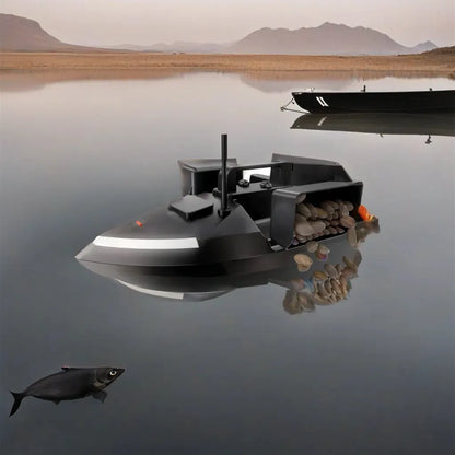 GPS remote control fishing boat with LED lights, measuring 49cm long, for bait placement and night fishing