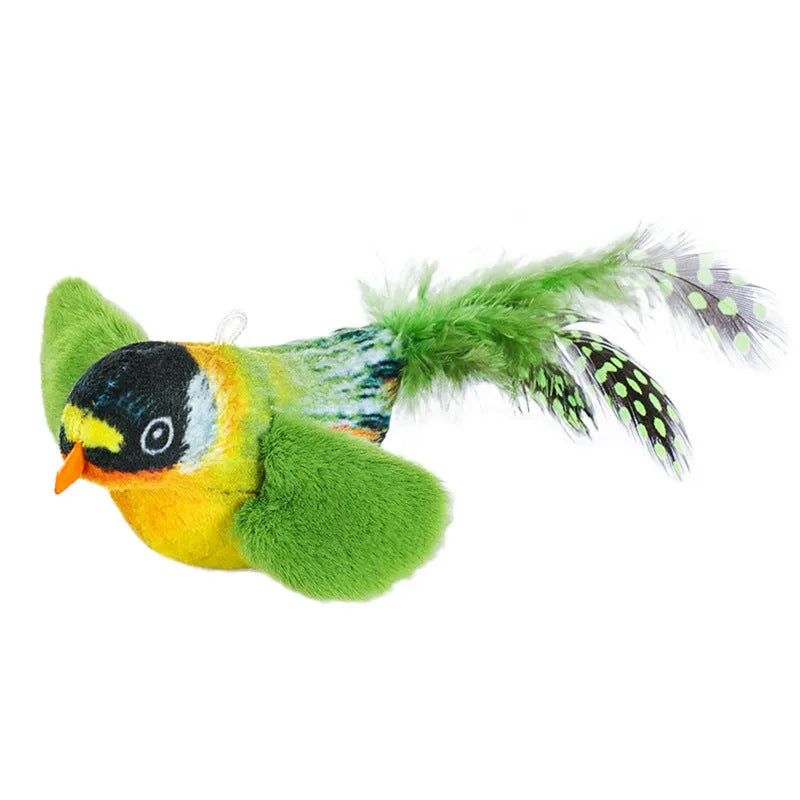 Flappy Chase Cat Toy interactive chirping sparrow with flapping wings and shaking motion in Blue, Gray, or Green.