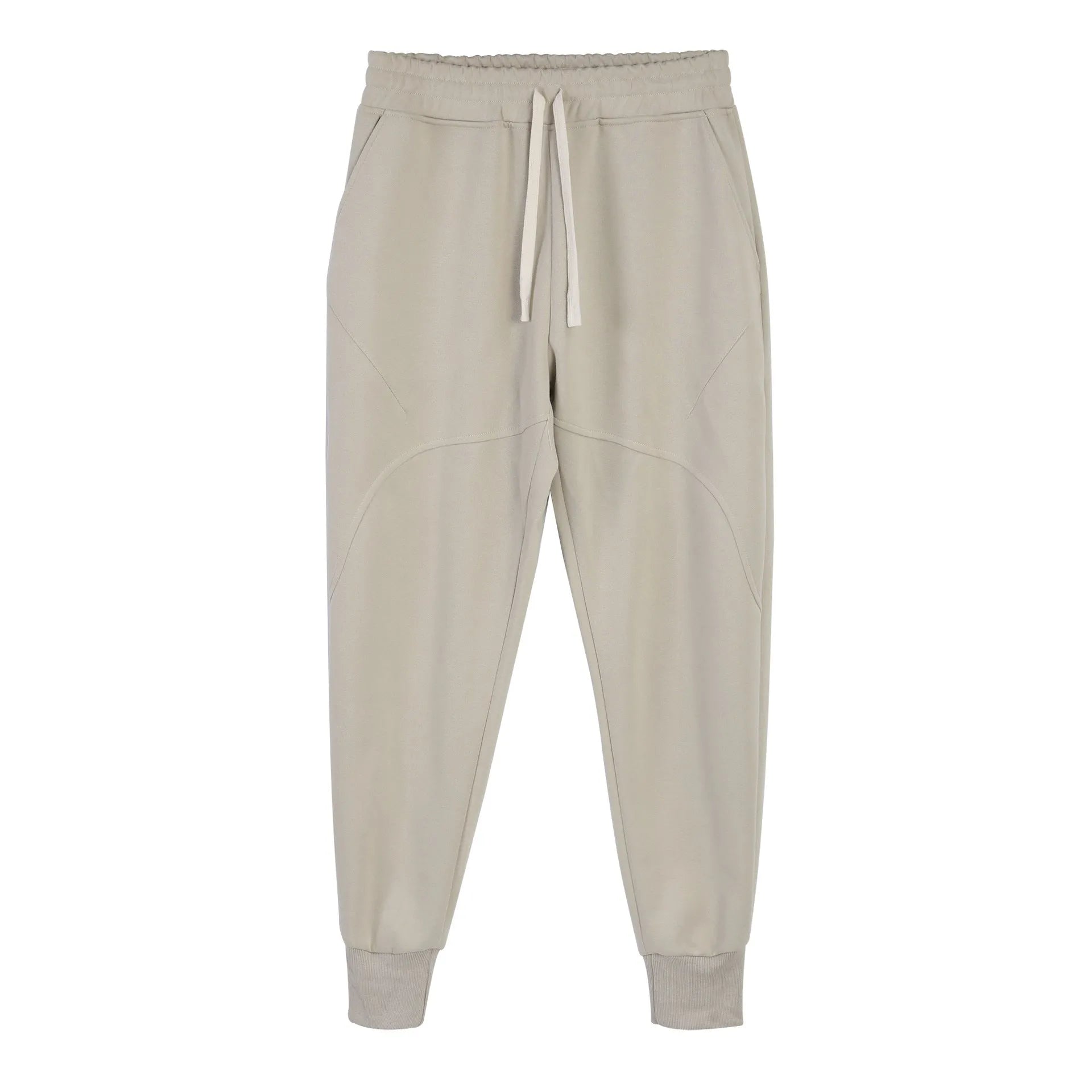 Men's casual trousers with drawstring ankle ties in polyester cotton fabric