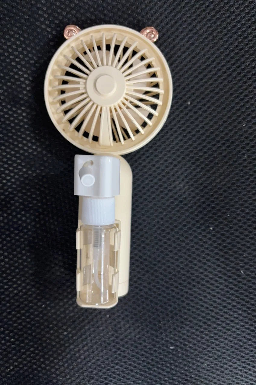 Plastic nozzle fan in multiple colours with USB charging cable, measuring 20cm long on desk surface