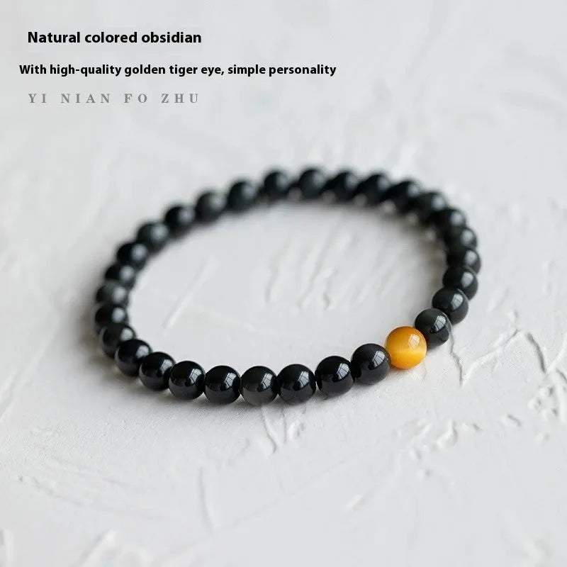 Obsidian bracelet with 10mm black stone geometric beads in Korean unisex style