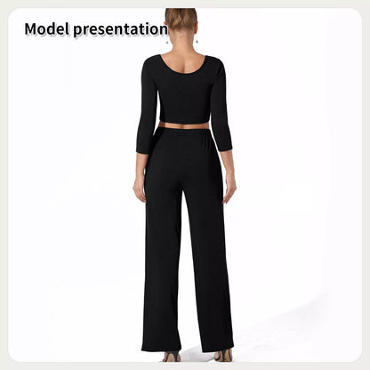 Women's solid color top and pants set in black or coffee, sizes S to 4XL