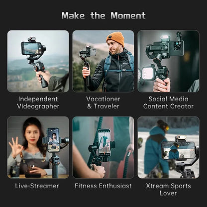 Black smartphone stabiliser with magnetic AI fill light and three-axis gimbal on tripod