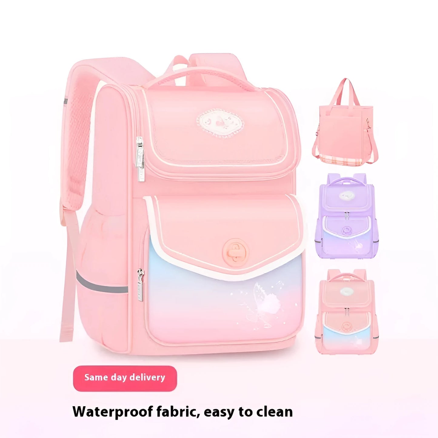 Girls' waterproof schoolbag in pink with Oxford cloth construction showing multiple compartments and padded shoulder straps