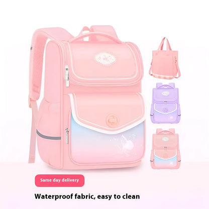 Girls' waterproof schoolbag in pink with Oxford cloth construction showing multiple compartments and padded shoulder straps