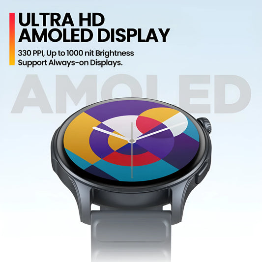 Btalk 3 Pro smart watch in blue colour showing AMOLED display with fitness tracking data.