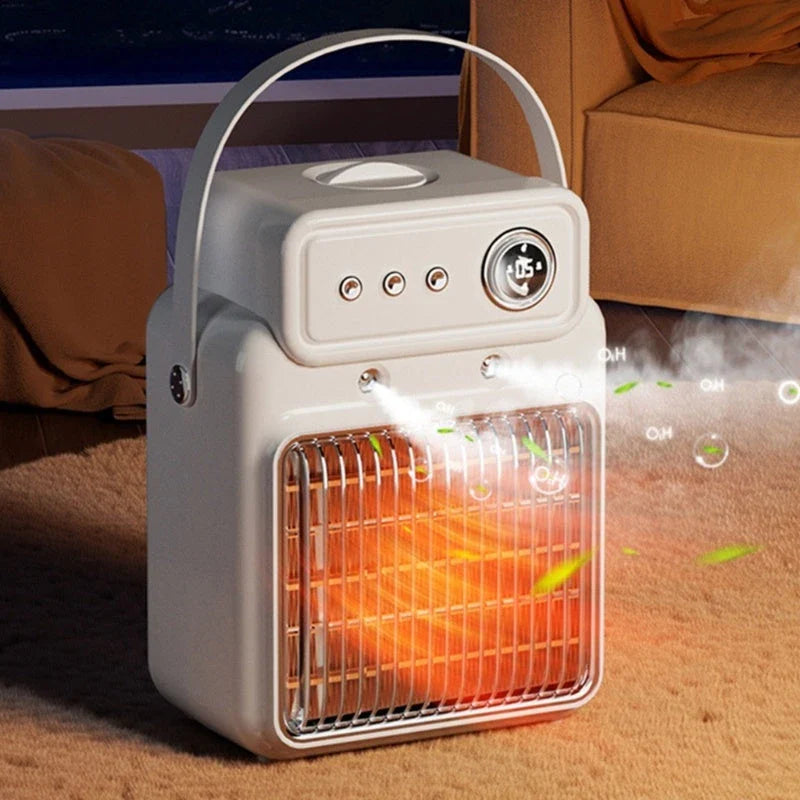 A sleek and modern 2-in-1 heater and humidifier with adjustable temperature, wind speed, and mist settings for customized climate control.