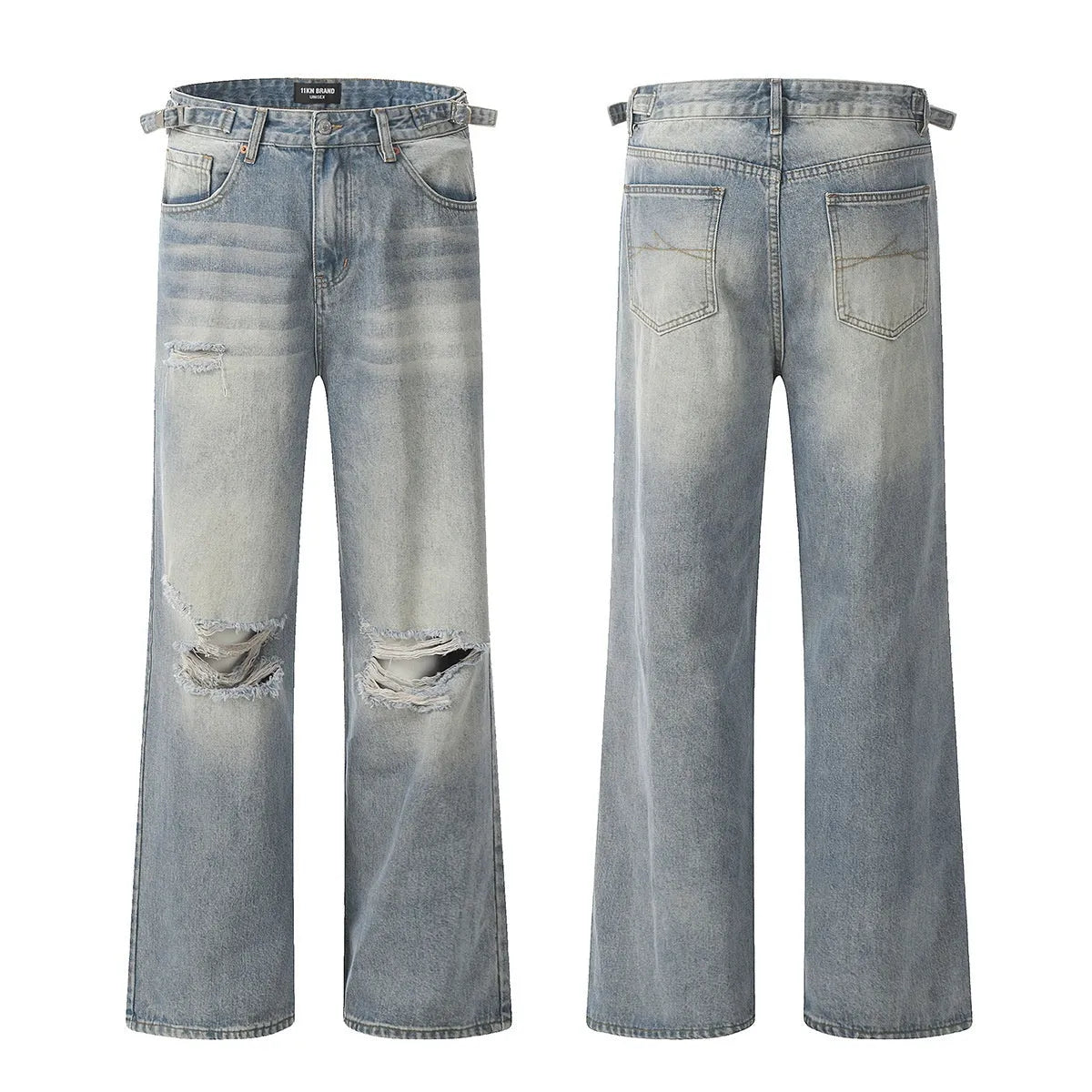 Blue straight-leg cotton-blend jeans with zipper fly closure showing five size options