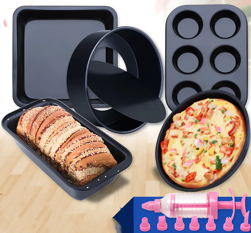 Baking tool set with 5 golden abrasive tools, cake tin, pizza tray, silicone brush and demoulding knife