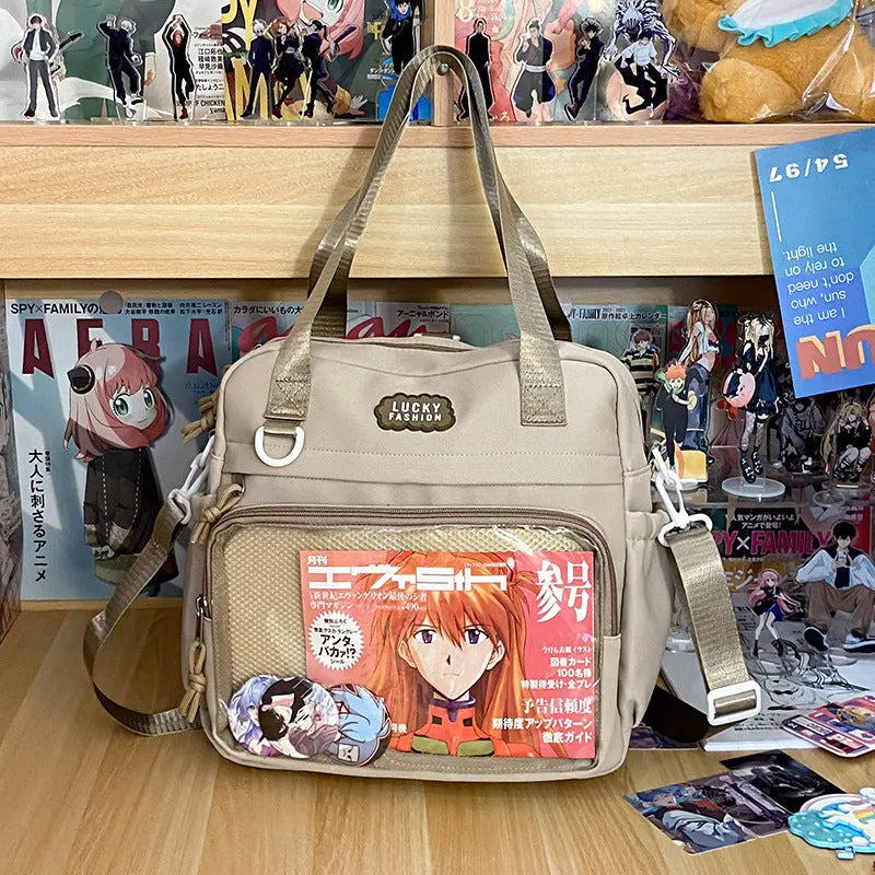 Large capacity nylon shoulder bag for women, 31 x 31 x 9cm, casual contrast colour design with lace-up detail.