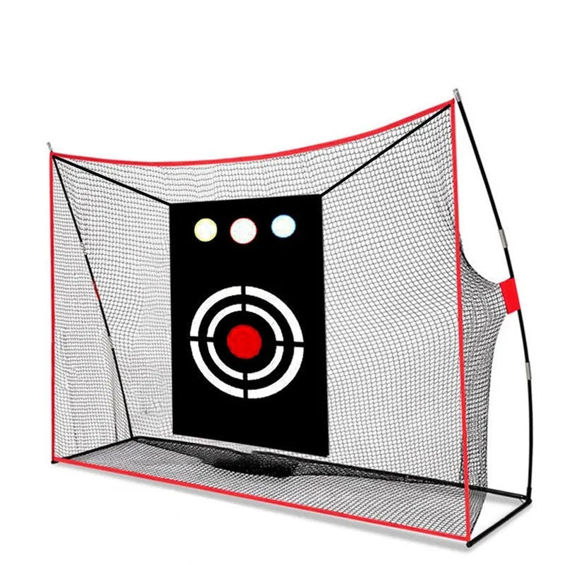 Swing Wedge Training Net system with three-hole cross net, straw practice mat, and coloured golf balls set up in a garden.