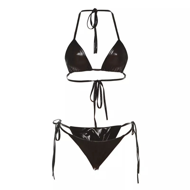 Reflective lace-up bikini set with hanging neck design in dark grey, black, and purple