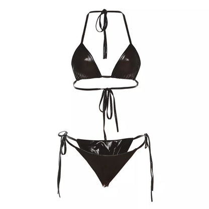 Reflective lace-up bikini set with hanging neck design in dark grey, black, and purple