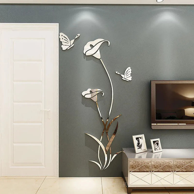 Lily 3D stereo acrylic wall stickers showing size variations and colour options including metallic finishes