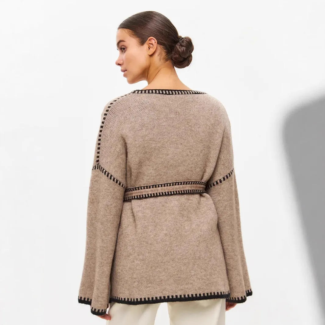 Lace-up knitted cardigan in camel colour with loose mid-length design and imitation cashmere fabric