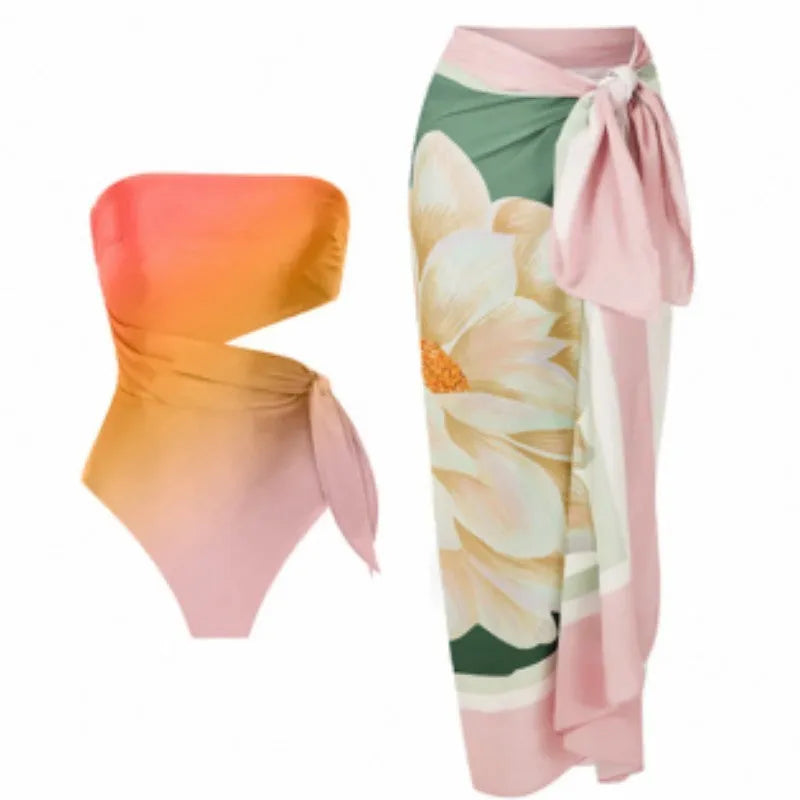 Women's retro French-style printed one-piece swimsuit in quick-dry polyester fabric