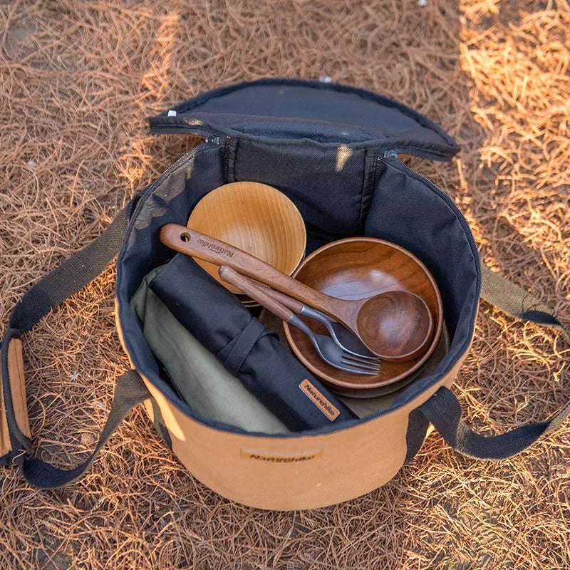 Camping bucket storage bag in canvas and Oxford cloth with pearl cotton lining, three sizes and capacities