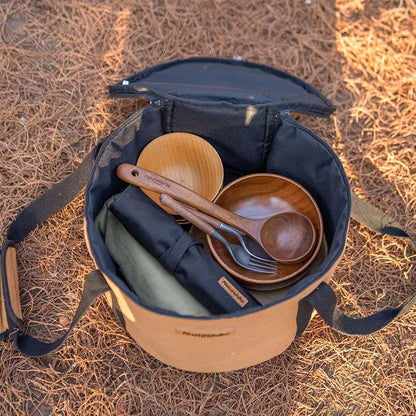 Camping bucket storage bag in canvas and Oxford cloth with pearl cotton lining, three sizes and capacities