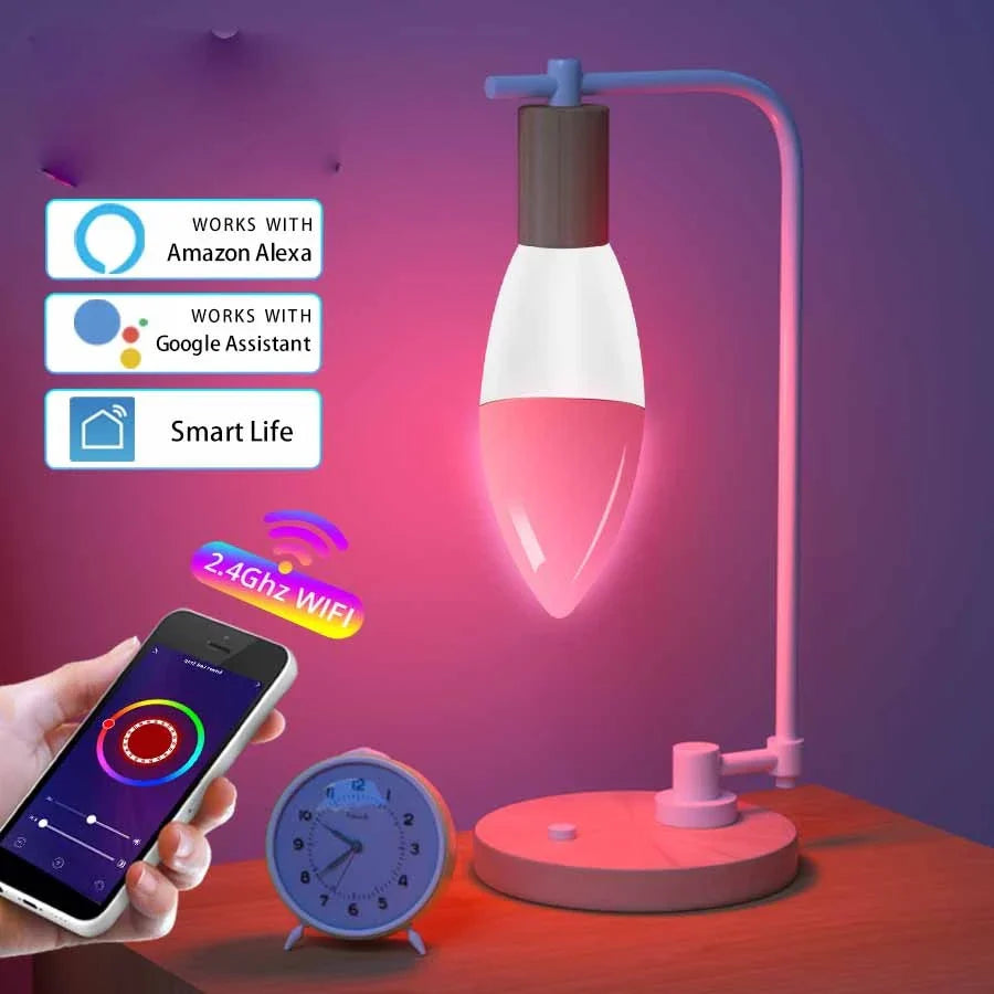 Smart WiFi RGBCW dimmable LED bulb with voice control for home lighting and decor