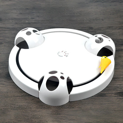 White automatic cat toy with 32cm rotating platform on hardwood floor