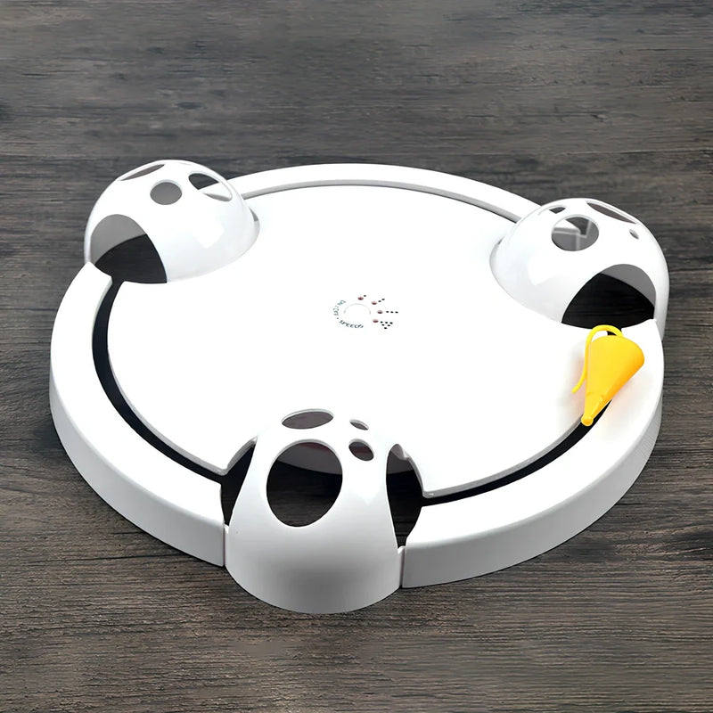 Electric cat toy with 32cm diameter automatic turntable that rotates unpredictably to stimulate natural hunting instincts and provide active play sessions for indoor cats