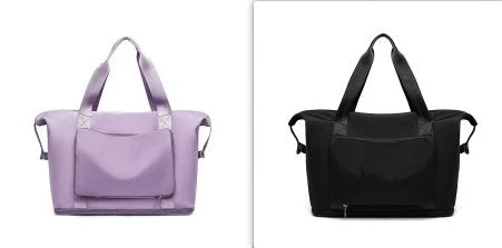 Roomy and foldable gym bag for women with waterproof Oxford fabric, multiple pockets, and wet/dry separation compartment