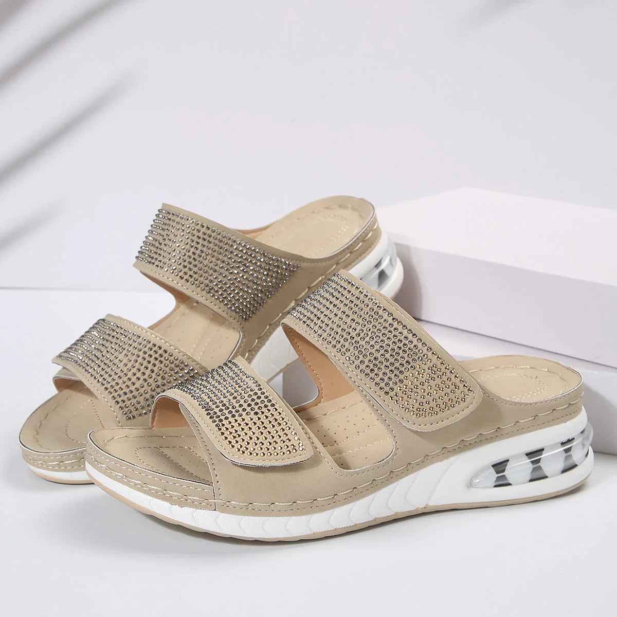 Stylish rhinestone slip-on sandals for women with non-slip soles, available in multiple colors and sizes