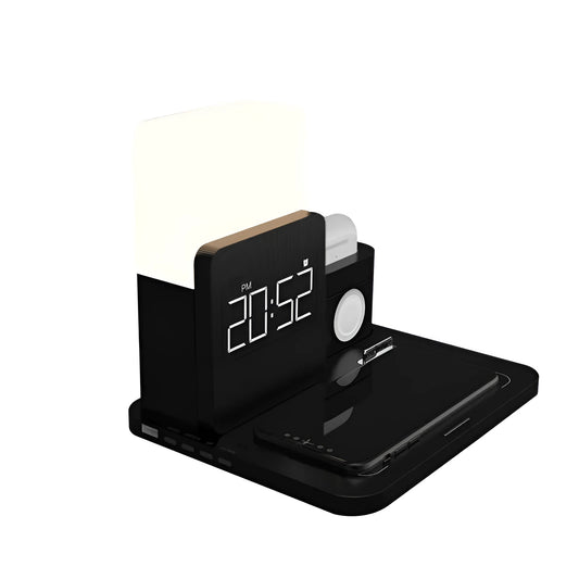 Dark green 3-in-1 wireless charger stand charging phone vertically, smartwatch, and earbuds simultaneously