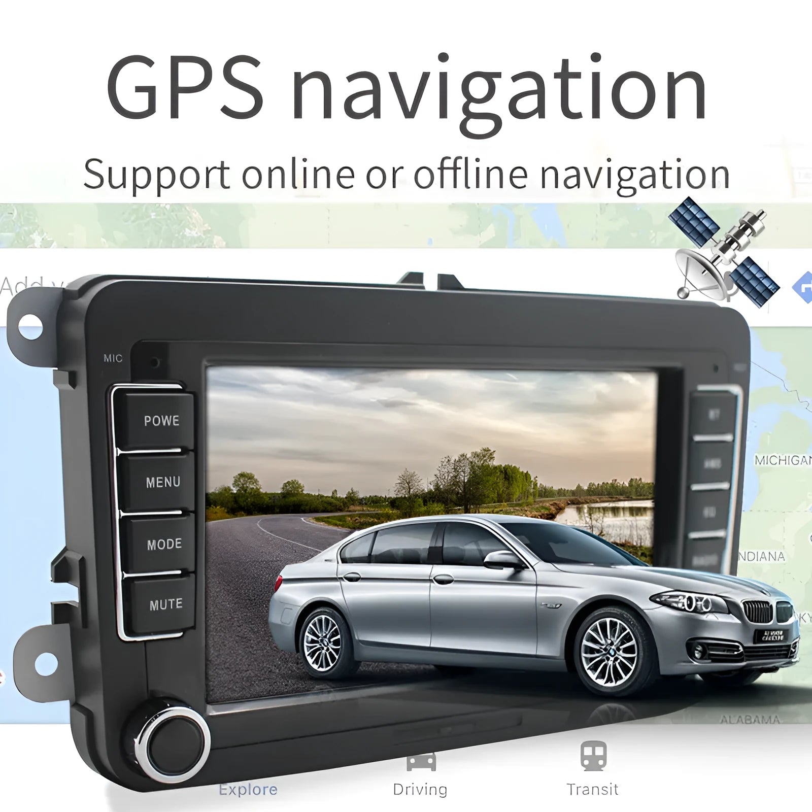 Volkswagen universal 7-inch Android car stereo head unit with touchscreen displayed.