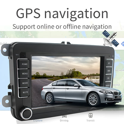 Volkswagen universal 7-inch Android car stereo head unit with touchscreen displayed.