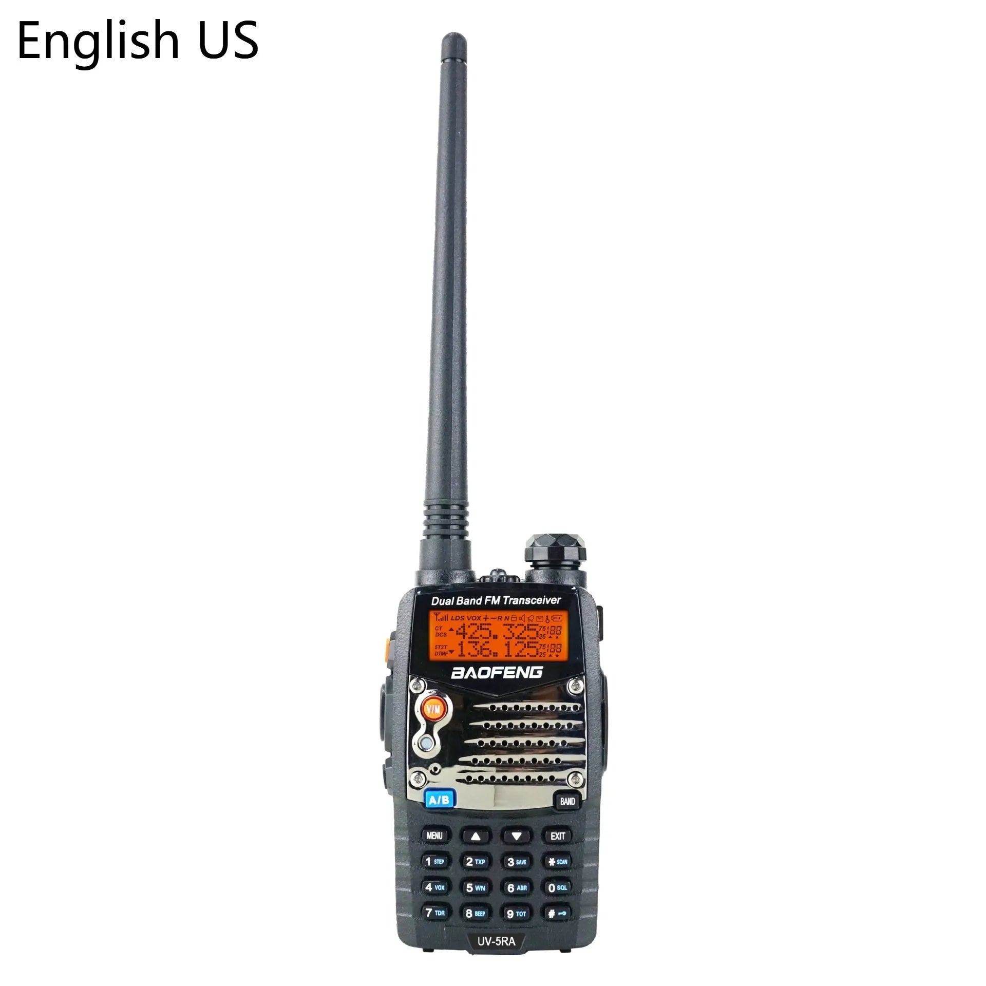 Baofeng UV-5RA handheld dual-band two-way radio with dual display screen and antenna.