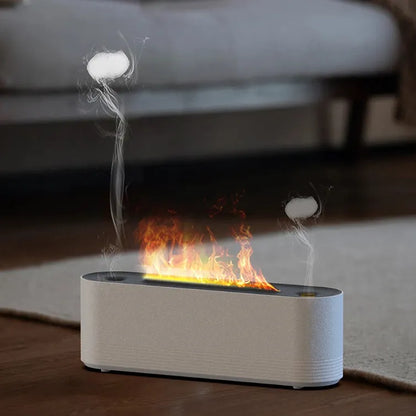 Black Flame Air ultrasonic humidifier with LED lights and mist output on wooden surface
