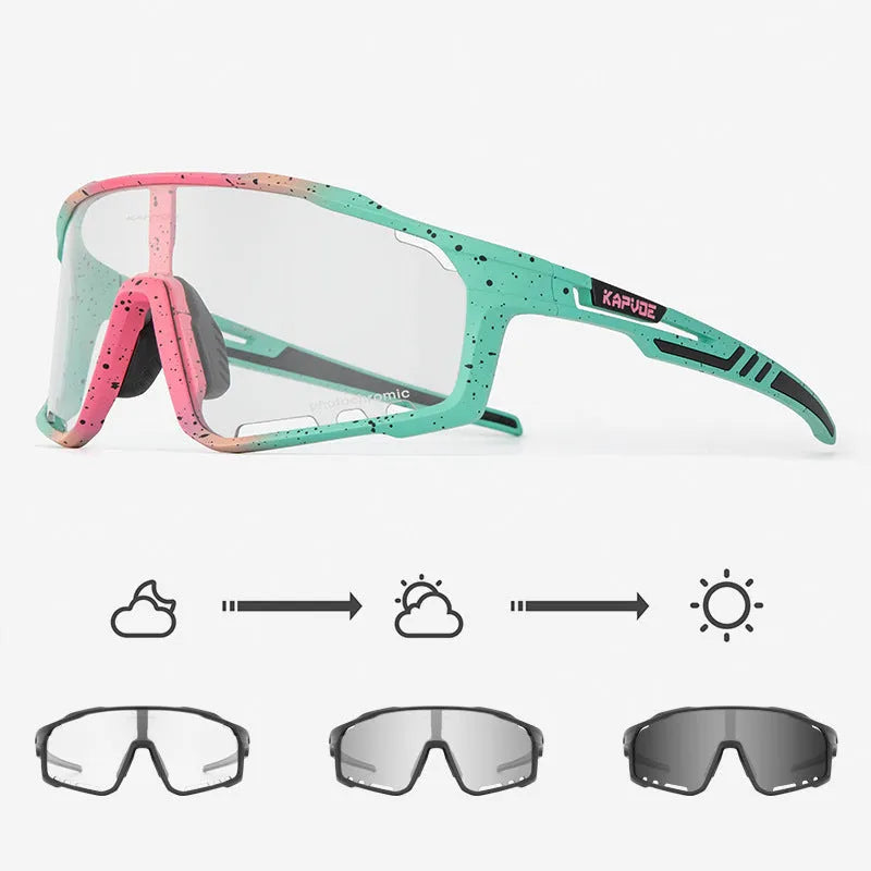 Photochromic cycling sports goggles with a semi-rimless TR90 frame and adaptive tint lens.