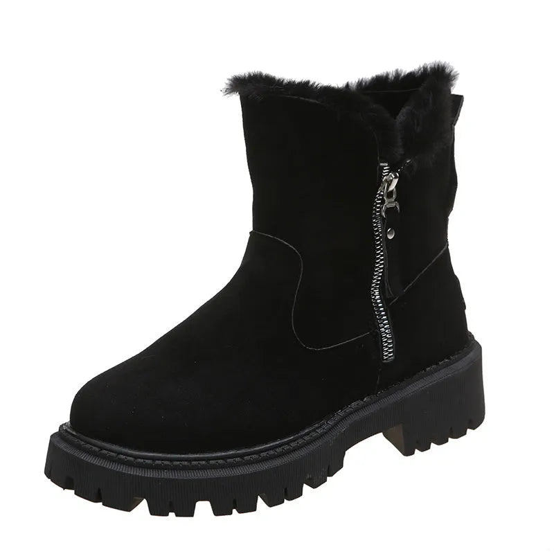 Women's black high top snow boots with a faux suede upper and side zipper on a white background.