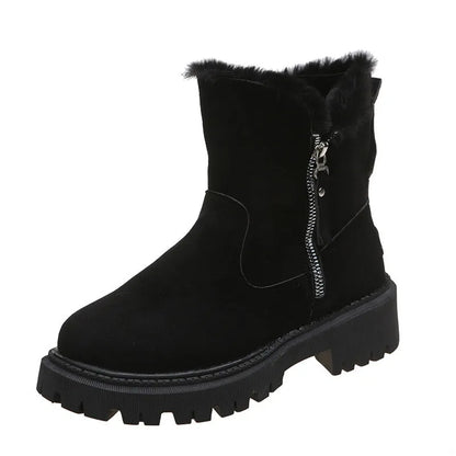 Women's black high top snow boots with a faux suede upper and side zipper on a white background.