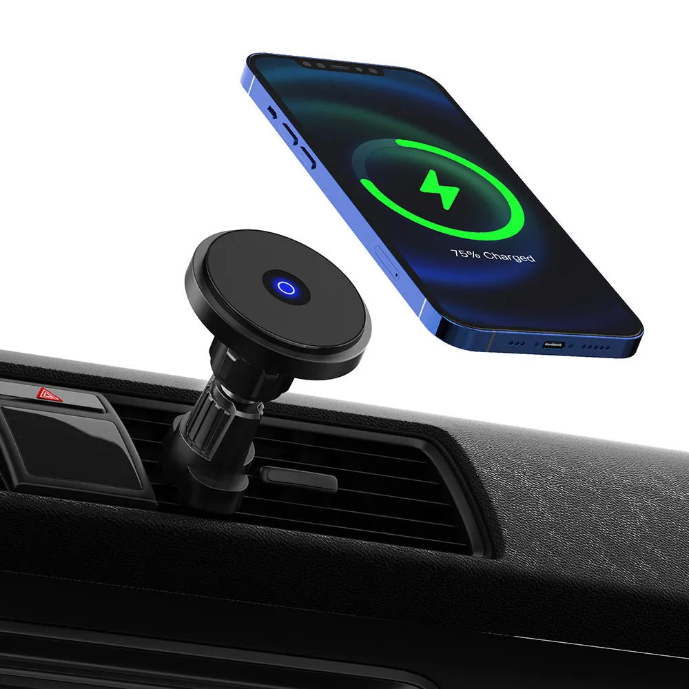 Black 15W magnetic car wireless charger mounted on a car air vent, showing aluminium alloy and ABS construction.
