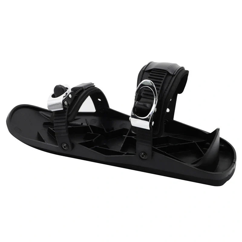 Mini short ski skates for snowboarding in black, featuring adjustable fixers and a 10 cm turning radius.