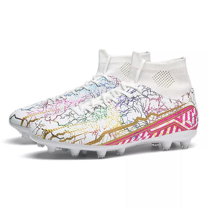 Youth High-Top Spike Turf Soccer Shoes in various colors for enhanced grip and comfort on the field.