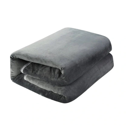 Grey tweed electric heating blanket showing 150cm width and UK plug compatibility