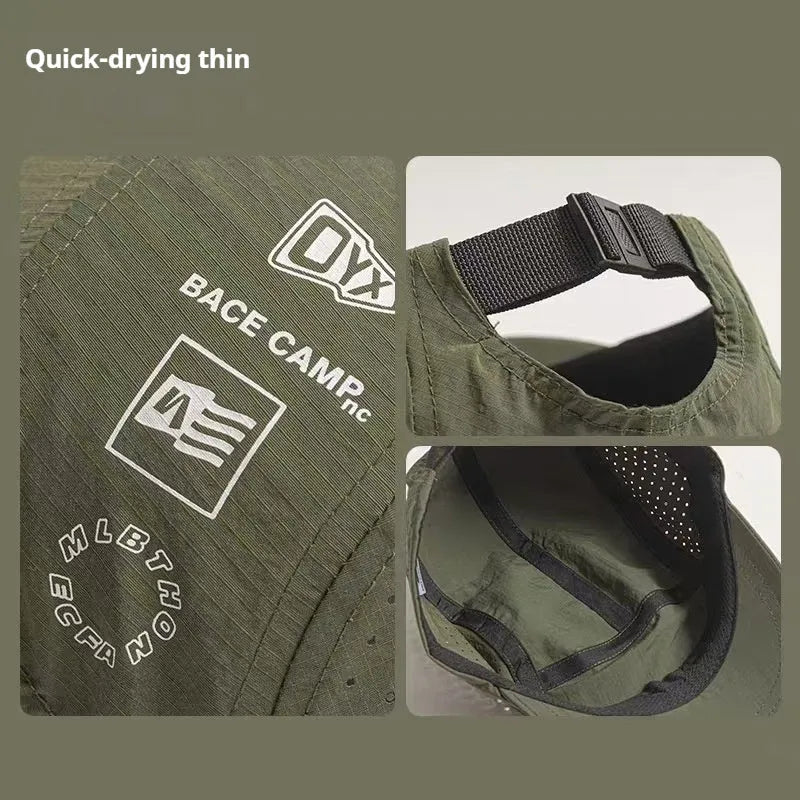 Men's baseball cap in thin breathable mesh fabric with adjustable sizing, available in five colours including black, grey, green, khaki and purple, featuring a dome crown style designed for summer and spring outdoor sun protection and wind resistance