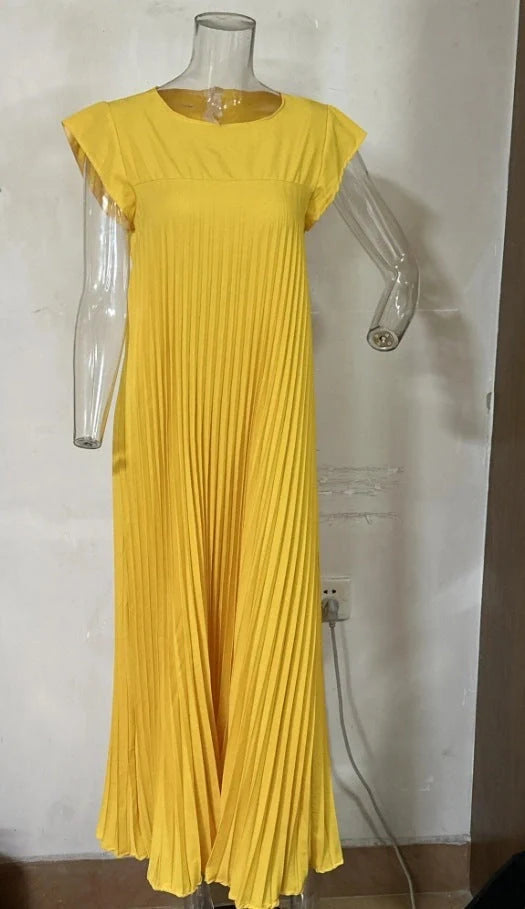 Women's summer long dress with pleated detail and round neck in various colors
