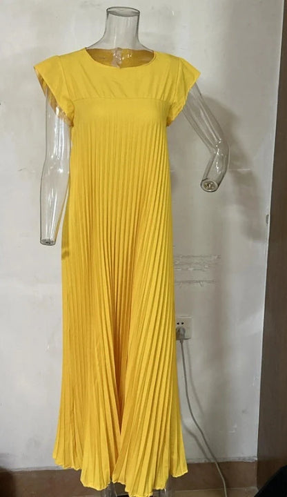 Women's summer long dress with pleated detail and round neck in various colors