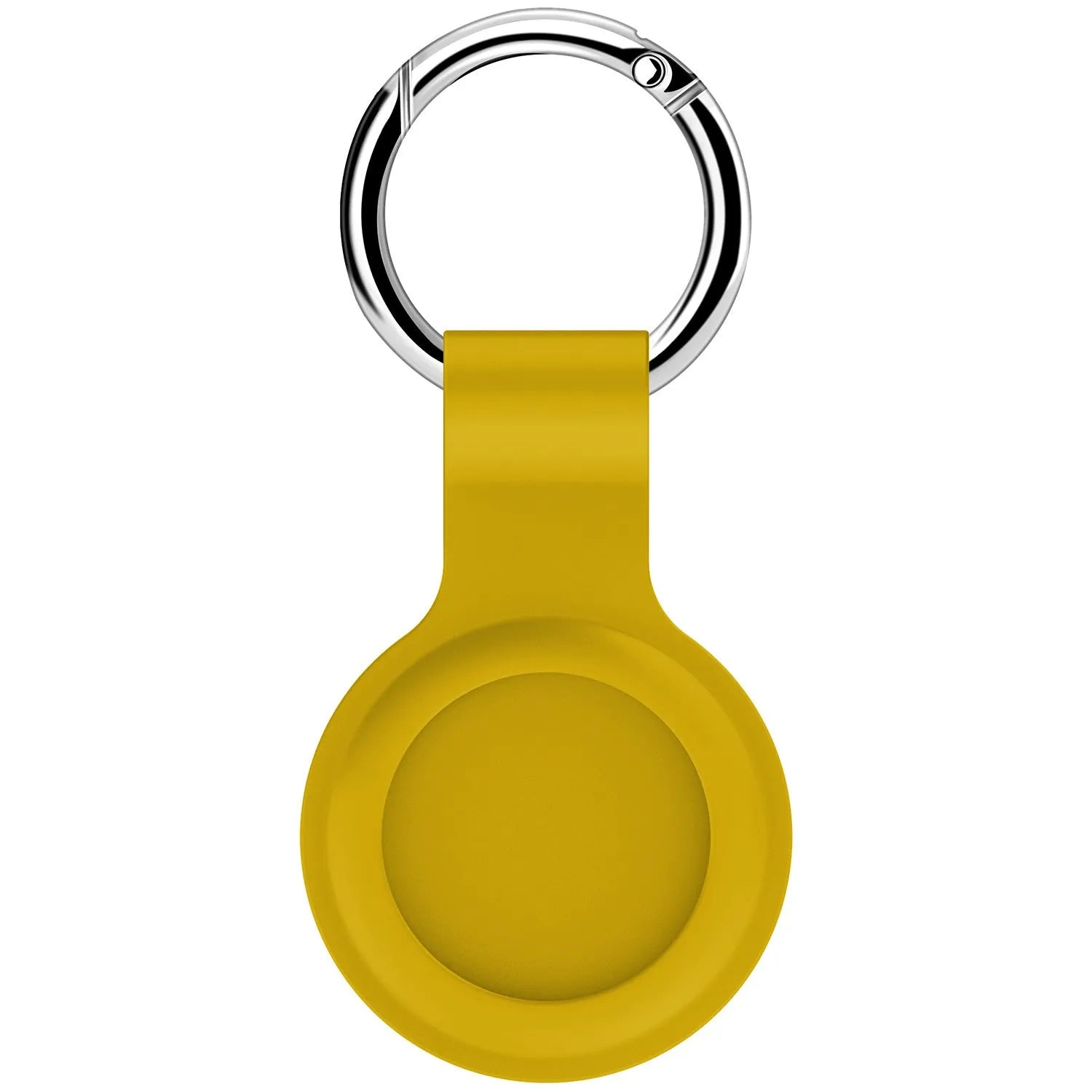 Black waterproof silicone Airtag protective case with metal keychain clip, shown next to colour options.
