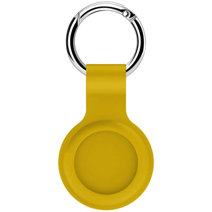 Black waterproof silicone Airtag protective case with metal keychain clip, shown next to colour options.